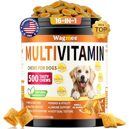 Wagmee Dog Vitamins With Taurine - 16-In-1 Dog Multivitamin And Supplements 500 Ct Supports Daily Energy Heart Health Skin & Coat Krill Oil Omega-3 B Complex Vitamins & Zinc - For All Breeds & Ages