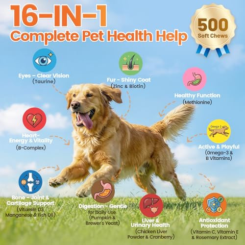 Wagmee Dog Vitamins With Taurine - 16-In-1 Dog Multivitamin And Supplements 500 Ct Supports Daily Energy Heart Health Skin & Coat Krill Oil Omega-3 B Complex Vitamins & Zinc - For All Breeds & Ages