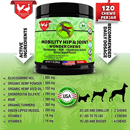 Wizardpet Advanced Hemp Hip And Joint Supplement For Dogs Hemp Oil Glucosamine Chondroitin For Dog Omegas Turmeric Msm Green Lipped Mussel Made In Usa Treats Support Mobility 120 Chews