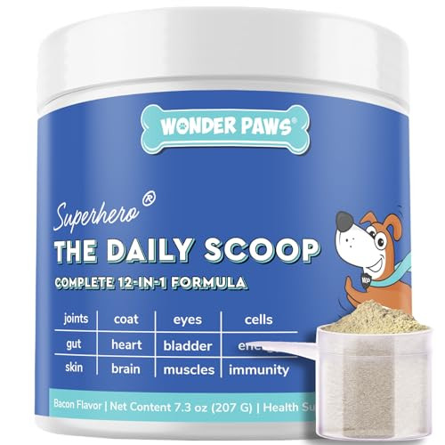 Wonder Paws Premium 12-In-1 Multivitamin Powder For Dogs Food Topper Daily Scoop Multivitamin Dog Supplement For Joints Digestion Skin Heart & Immunity Probiotics Collagen Glucosamine Mushrooms 7.3Oz