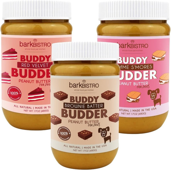 BUDDY BUDDER Red Velvet + Brownie Butter + Gimme S'mores, 100% natural Dog Peanut Butter, Healthy Dog Treat, Made in USA (set of 3 / 17oz jars) BUDDY BUDDER Red Velvet + Brownie Butter + Gimme S'mores, 100% natural Dog Peanut Butter, Healthy Dog Treat, Made in USA (set of 3 / 17oz jars)