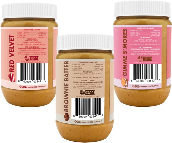 BUDDY BUDDER Red Velvet + Brownie Butter + Gimme S'mores, 100% natural Dog Peanut Butter, Healthy Dog Treat, Made in USA (set of 3 / 17oz jars) BUDDY BUDDER Red Velvet + Brownie Butter + Gimme S'mores, 100% natural Dog Peanut Butter, Healthy Dog Treat, Made in USA (set of 3 / 17oz jars)