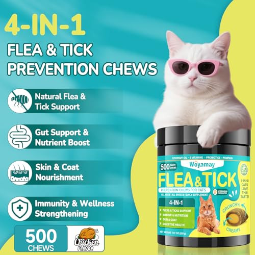 Woyamay 4-In-1 Flea And Tick Prevention For Cats 500 Crunchy & Creamy Chews Cat Flea Treatment Natural Oral Flea Treatment For Cats Daily Support For Flea Immune Skin & Coat Gut Chicken Flavor