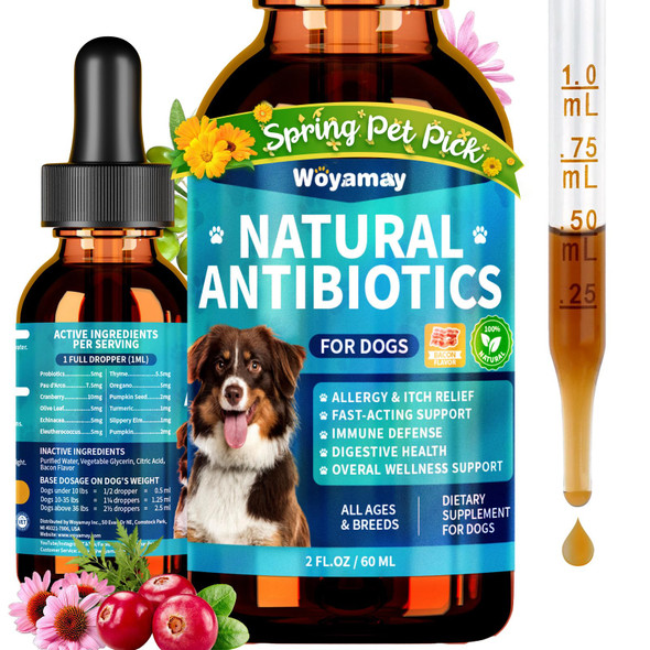 Woyamay Antibiotics For Dogs Natural Dog Antibiotics For Allergy Relief Itch Relief Coughs Skin Health Breath Treatment Digestion Herbal Supplement To Care For Ears Eyes & Coat 2 Fl Oz