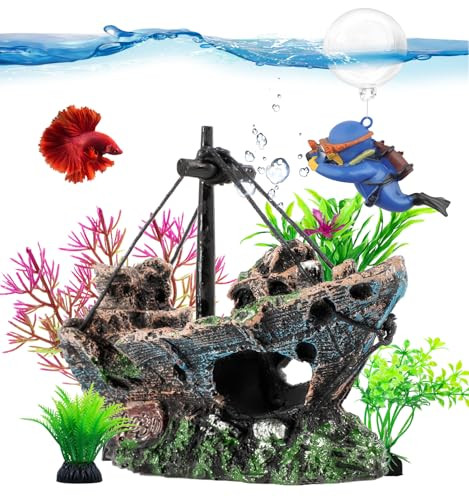 Xereooe 6 Pcs Aquarium Decor Set Shipwreck Decoration Little Diver Floating Fish Tank Decoration Fish Tank Plants