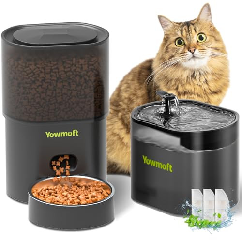 Yowmoft Automatic Cat Feeder & Fountain 3L Timed Dry Food Dispenser 10 Portions 1-4 Daily Meals Auto Feeder With Desiccant Bag Water Dispenser With Filter Wire Or Battery Powered