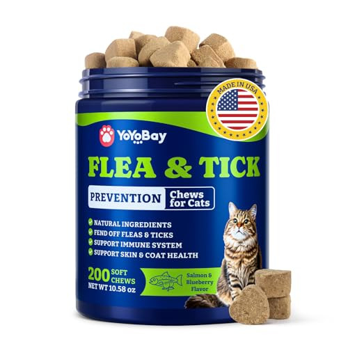 Yoyobay Flea And Tick Prevention For Cats - 200 Soft Chews Natural Cat Flea Treatment Salmon & Blueberry Flavor - Flea Treatment For Cats Cat Oral Flea Immune Support Supplement (200 Chews)