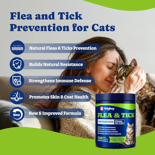 Yoyobay Flea And Tick Prevention For Cats - 200 Soft Chews Natural Cat Flea Treatment Salmon & Blueberry Flavor - Flea Treatment For Cats Cat Oral Flea Immune Support Supplement (200 Chews)