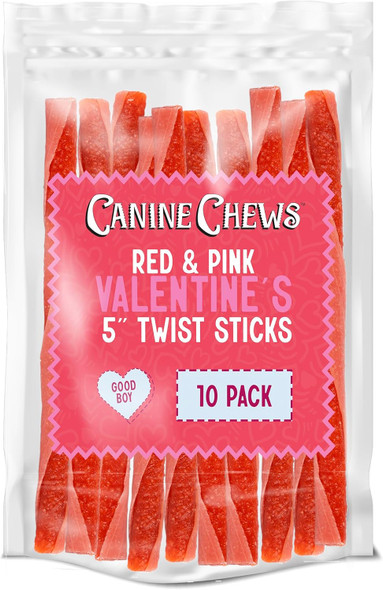 Canine Chews Red & Pink 5" Twist Stick Valentines Dog Treats - (Pack of 10) Candy Apple Flavored & Rawhide Valentines Day Dog Treats - Fun and Festive Dog Twist Sticks for Any Size Pup
