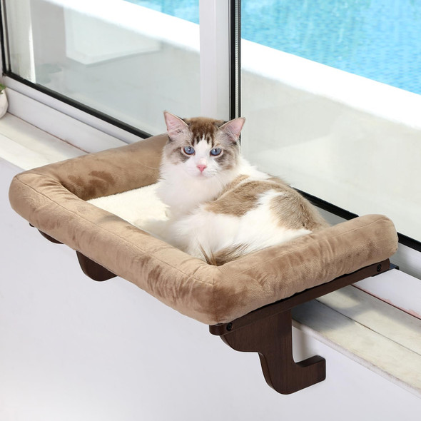 Zakkart Cat Perch For Window Sill With Bolster - Orthopedic Hammock Design With Premium Hardwood & Robust Metal Frame - Cat Window Seat For Large Cats And Kittens - Natural Color Wood Gray Bed 24''W