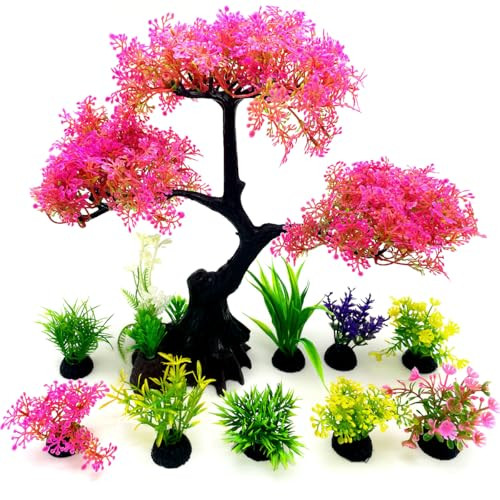 Zeromall Artificial Aquarium Plants Fish Tank Decorations 10 Pcs Cherry Blossom Aquarium Fish Tank Simulation Aquatic Grass Plastic Grass Pine Tree Combination(Pink)