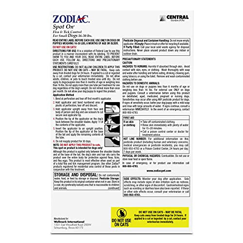 Zodiac Spot On Flea & Tick Control Small Dogs 16-30 Pounds 4 Pack