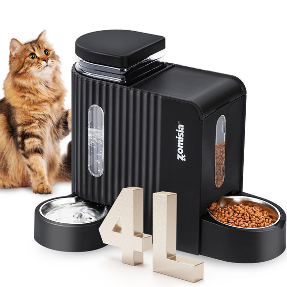 Zomisia Gravity Cat Feeder And Water Dispenser With 304 Stainless Steel Bowls 2 In 1 Automatic Cat Feeder With 180 Degree Rotatable Water Bowl Large Capacity For Puppy Kitten Rabbits Black