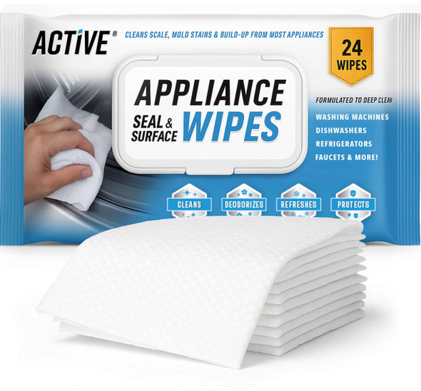 ACTIVE Home Appliance Surface Cleaner Wipes Heavy Duty Wipe for Cleaning Washing Machine, Dryer Stainless Steel Refrigerator, Glass Cooktop, Microwave, Dishwasher, Counter, Tile - 24 Large Wipes