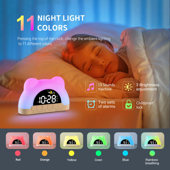 Hournor Kids Alarm Clock Ok to Wake Alarm Clock for Kids Toddlers Sleep Training Clock with 12 Colors Night Light for Bedroom Sound Machine Birthday Gift for Boys Girls Children(Adapter Include)