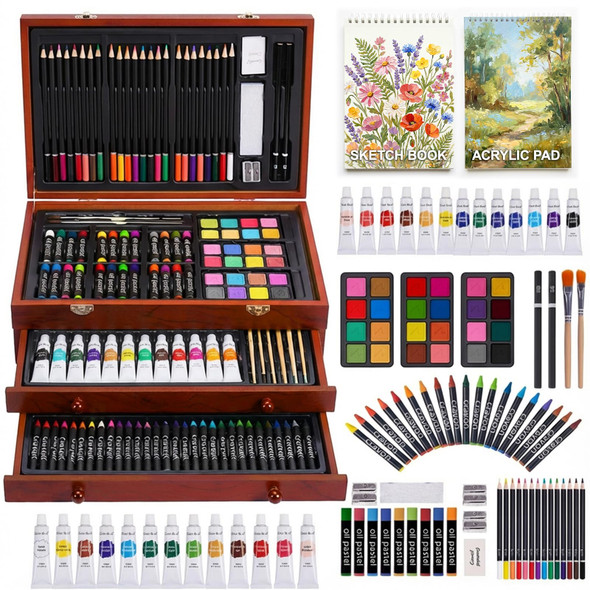 TMOL Art Supplies, 175-Pack Deluxe Art Set Drawing Painting Kit with 2 Drawing Pads, Acrylic Paints, Colored Pencils, Crayons, Art Kit in Wooden Case, Gift for Artist, Adults, Teens and Kids - Cherry