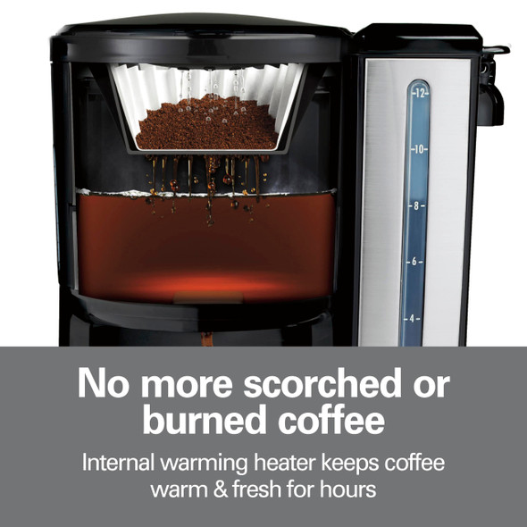 Hamilton Beach One Press Programmable Dispensing 12 Cup Coffee Maker with Internal Coffee Pot, Stays Warm and Fresh for Hours, 60 oz. Removable Reservoir, Black & Stainless Steel (47950)