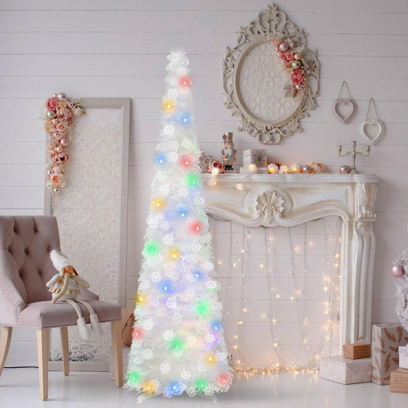 1.5m Pop-Up Christmas Tree with Lights Blank Pencil-Type Foldable Christmas Tree Slim Pencil-Type Christmas Tree Foldable Frosted Artificial Christmas Tree for Home