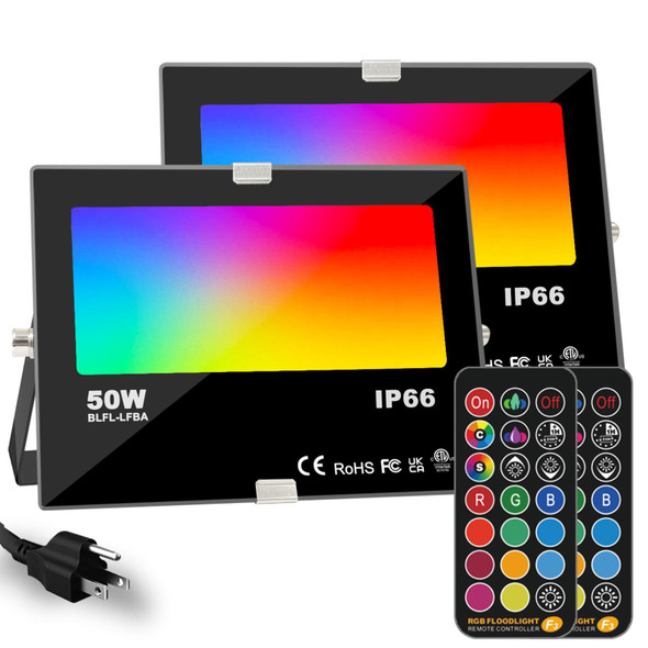 RGB Led Flood Light 50W Outdoor Color Changing DIY Customized Strobe Mode Stage Landscape Lighting Floodlights 12 Colors & 4 Modes Remote Control Included Timing IP66 Waterproof (2 Pack)