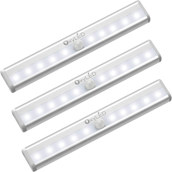Oxyled Motion Sensor Light For Home Under Cabinet Light Wireless Lights For Wall 10 Led Lights Battery Operated Light With Magnetic Stick Up For Cupboard 3 Pack - Aluminium Abs White