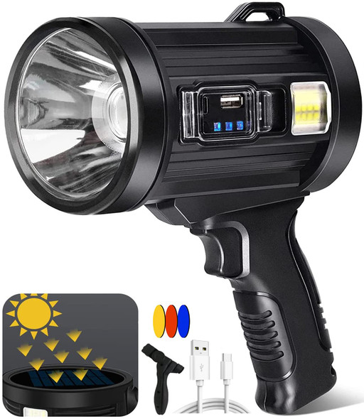 90000 Lumens Spotlight Rechargeable Spotlight Flashlight with Tripod 6 Modes and 3 Colors Filter Super Bright Led Spot Lights Outdoor Handheld Solar Searchlight for Hunting Marine Camping