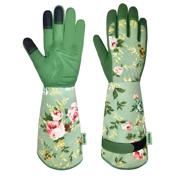 Gardening Gloves for Women Comfortable Floral Long Sleeve Garden Gloves for Gardening and Outdoor Work Durable Leather Long Gardening Gloves Great Gift Ideas for Ladies Green Print (Large)