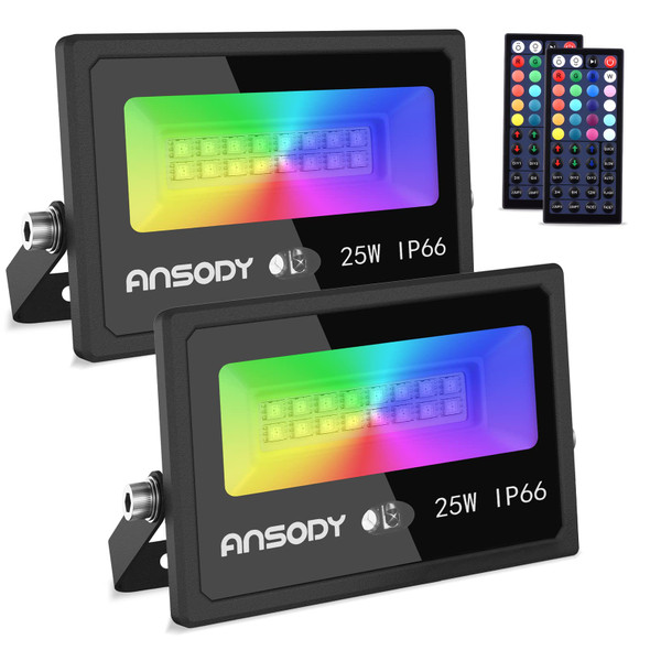 RGB Spotlight 25 W LED Spotlight Set of 2 with Remote Control IP66 Waterproof Floodlight Colour Changing Outdoor Spotlight with 20 Colours 6 Modes Timer for Christmas Outdoor Tree Mood Light