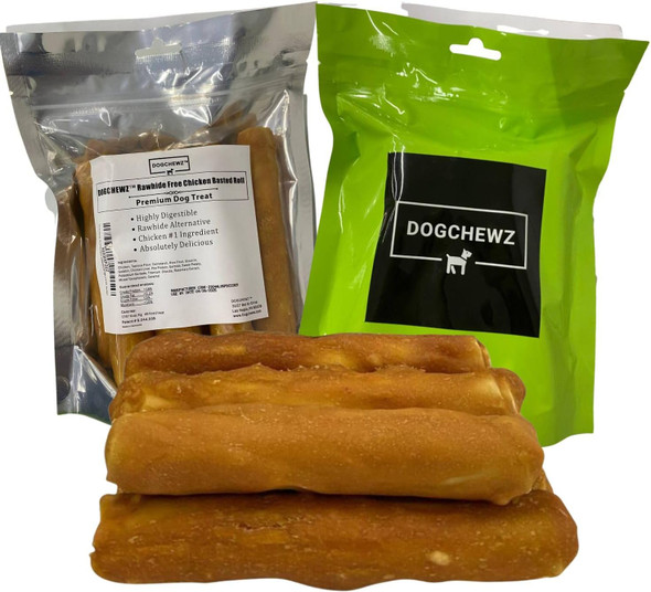 DOGCHEWZ™ Rawhide Basted Roll Chicken Wrapped Dog Chew Size 5 Inch (8 Count/Bag) - Gluten - Long Lasting Chew