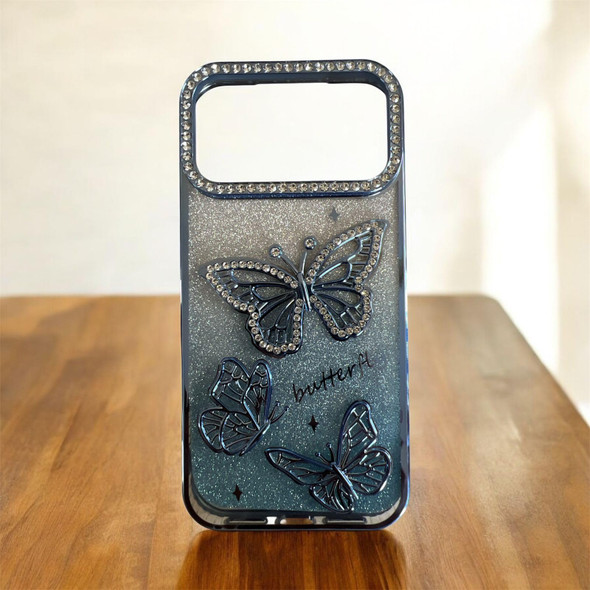 Glittery Butterfly Phone Case for iPhone 17 Pro Max Sky Blue Premium Design