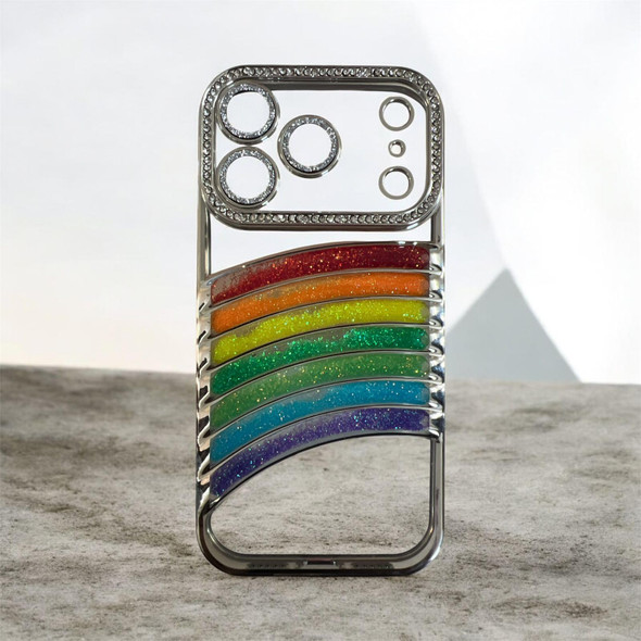 Glitter Rainbow Phone Case for iPhone 17 Pro TPU Acrylic Back Cover with Rhinestone Decoration Silver Quicksand Design