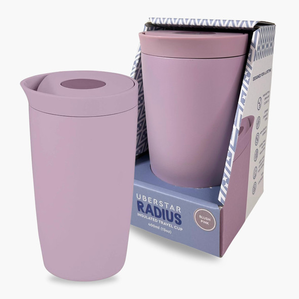UBERSTAR Radius Travel Cup / 400ml Insulated Travel Coffee Mug/Leakproof Pop to Unlock Sip Lid (Blush Pink)