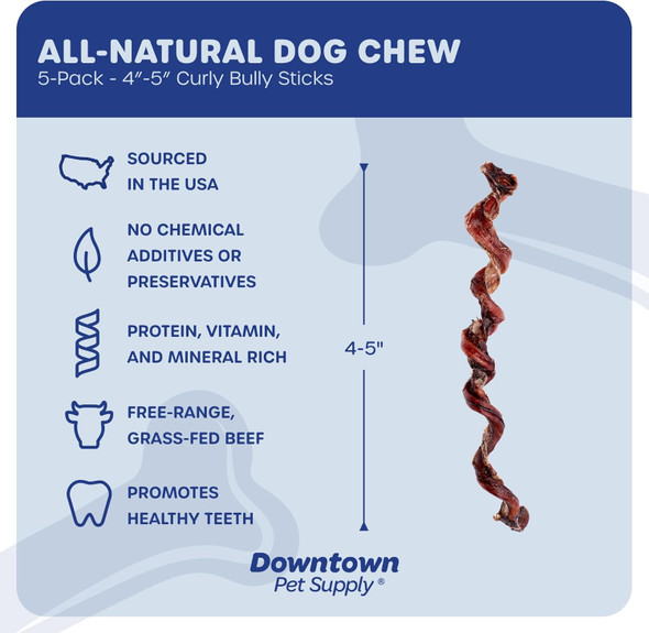 Downtown Pet Supply Spiral Bully Sticks for Medium Dogs - Dog Dental Treats & Rawhide- Dog Chews - Dog Treats with Protein, Vitamins & Minerals - Regular - 4-6in - 5Ct