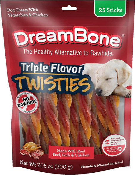 Dreambone Triple Flavor Twisties, 25 Count, Rawhide- Dog Chews Made with Real Beef, Pork & Chicken, 7.05 Ounce (Pack of 1) Dreambone Triple Flavor Twisties, 25 Count, Rawhide- Dog Chews Made with Real Beef, Pork & Chicken, 7.05 Ounce (Pack of 1)