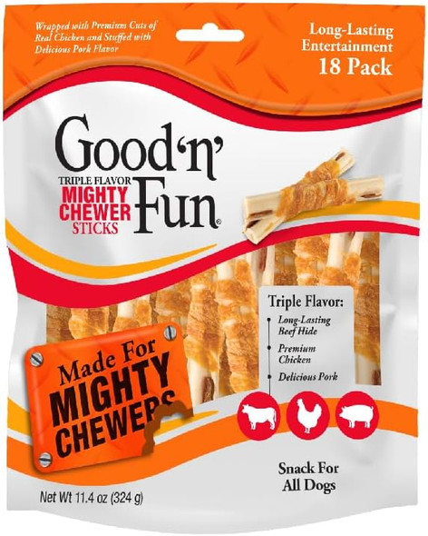Good 'n' Fun Triple Flavor Mighty Chewer Sticks, 18 Count, Rawhide Chews for All Dogs