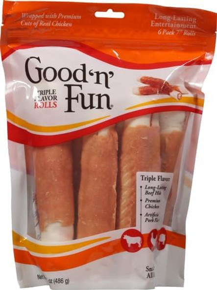 Good'n'Fun Triple Flavor 7 inch Rolls, Chews for Dogs, 6 Count (Pack of 1)