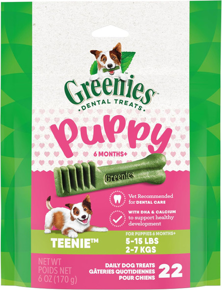 Greenies Puppy Teenie Size Natural Dental Dog Treats, 6 oz. Pack (22 Treats) Greenies Puppy Teenie Size Natural Dental Dog Treats, 6 oz. Pack (22 Treats)