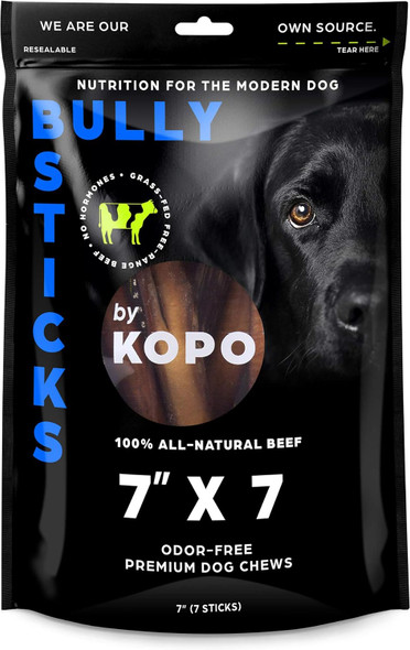Kopo Bully Sticks 7-inch (7 Pack) - Odor Natural Dog Treats - 100% Beef, Fully Digestible, Long Lasting, No Hide Dog Chews