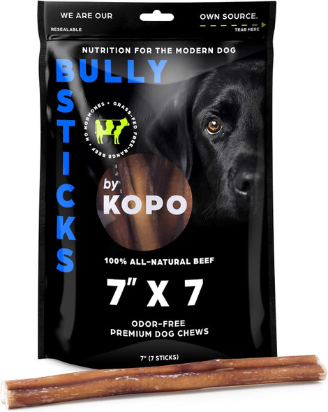 Kopo Bully Sticks 7-inch (7 Pack) - Odor Natural Dog Treats - 100% Beef, Fully Digestible, Long Lasting, No Hide Dog Chews