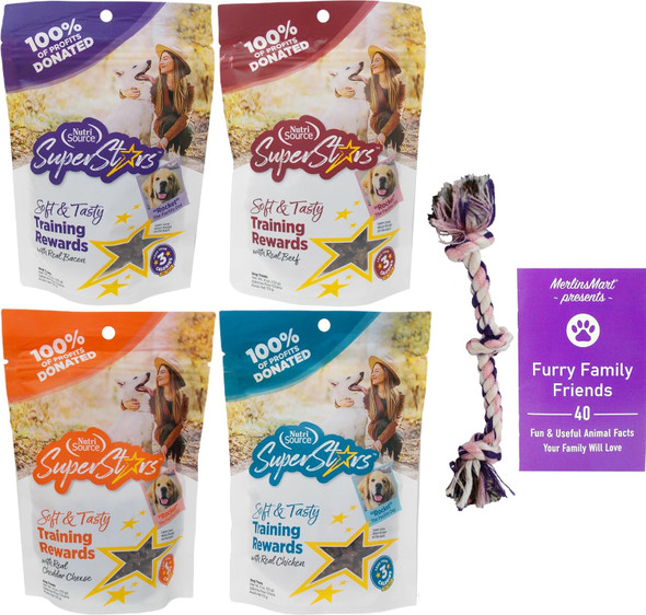 NutriSource SuperStars Soft & Tasty Dog Training Treats 4 Flavor Variety - (1) Each: Chicken, Beef, Bacon Cheddar Cheese (4 Ounces) - Plus Rope Toy and Fun Animal Facts Booklet Bundle NutriSource SuperStars Soft & Tasty Dog Training Treats 4 Flavor Variety - (1) Each: Chicken, Beef, Bacon Cheddar Cheese (4 Ounces) - Plus Rope Toy and Fun Animal Facts Booklet Bundle