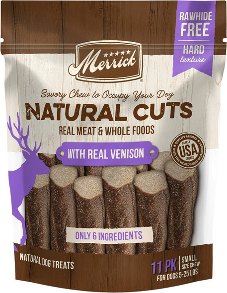 Merrick Natural Cuts Chicken Non Rawhide Small Dog Treats, Hard Texture Chew Sticks With Real Venison - 11 ct. Pouch Merrick Natural Cuts Chicken Non Rawhide Small Dog Treats, Hard Texture Chew Sticks With Real Venison - 11 ct. Pouch
