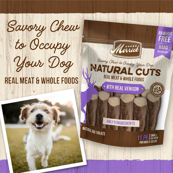Merrick Natural Cuts Chicken Non Rawhide Small Dog Treats, Hard Texture Chew Sticks With Real Venison - 11 ct. Pouch Merrick Natural Cuts Chicken Non Rawhide Small Dog Treats, Hard Texture Chew Sticks With Real Venison - 11 ct. Pouch