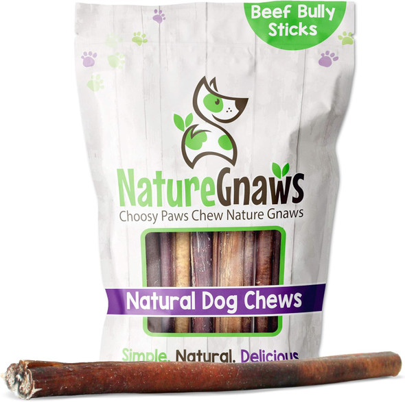 Nature Gnaws Bully Sticks for Large Dogs - Premium Natural Beef Dental Bones - Thick Long Lasting Dog Chew Treats for Aggressive Chewers - Rawhide , 12 Inch (5 Count) Nature Gnaws Bully Sticks for Large Dogs - Premium Natural Beef Dental Bones - Thick Long Lasting Dog Chew Treats for Aggressive Chewers - Rawhide , 12 Inch (5 Count)