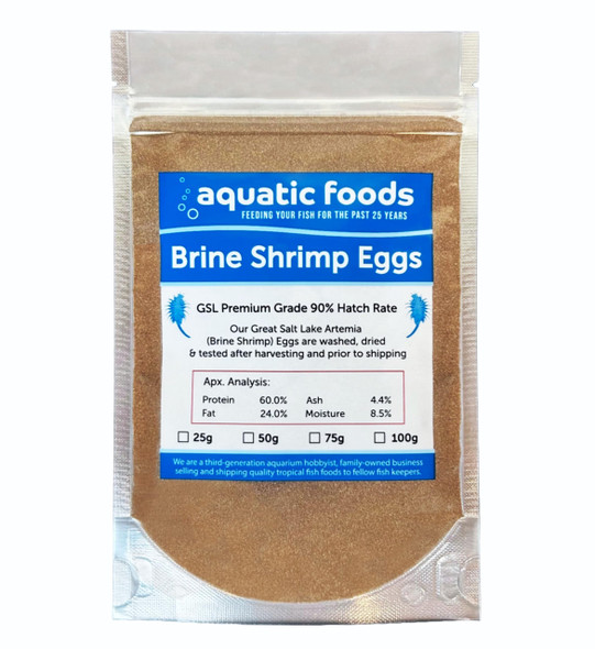 Aquatic Foods Inc. Brine Shrimp Eggs Premium Grade 90% Hatch Rate Great Salt Lake .88Oz 25 Grams