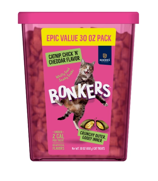 Bonkers Bites Catnip & Chick 'n' Cheddar Flavor Crunchy & Soft Treats 30Oz