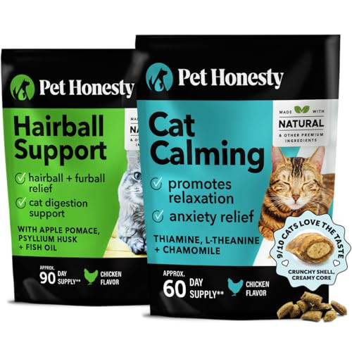 Pet Honesty Cat Hairball Support + Cat Calming Crunchy & Creamy Chews Essential