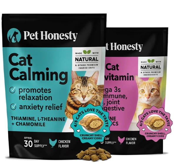 Pet Honesty Cat Calming + Multivitamins Dual Texture Chew Supplement Bundle Helps Reduce