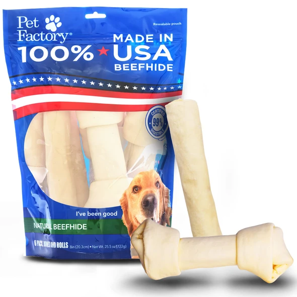 Pet Factory 100% Made In Usa Beefhide 89" Assorted (Bones & Rolls) Dog 6 Count