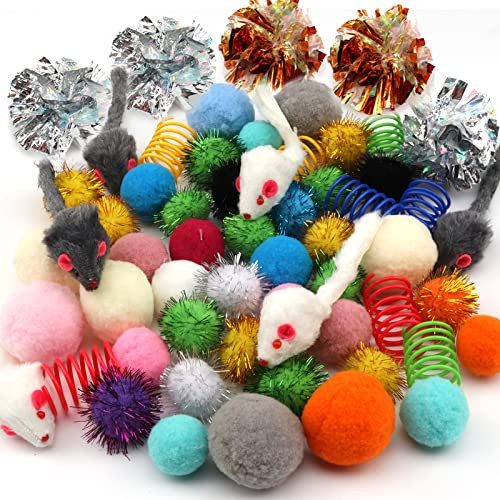 Pietypet 60 Pack Cat Toys Assorted Kitten Mouse Crinkle & Pom Pom 60 Pack