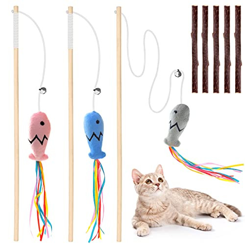 Plant Castle Natural Wood Cat Wand Toy With Ribbon Fish Teaser 3Pcs Indoor 16 Inch