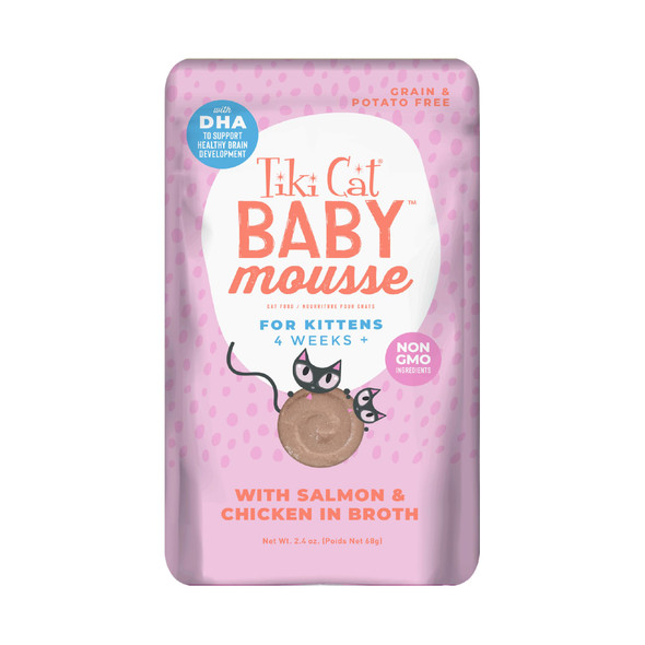 Tiki Pets Cat Baby Mousse Wet Cat Food For Kittens Salmon & Chicken 2.4 Oz 12 Count